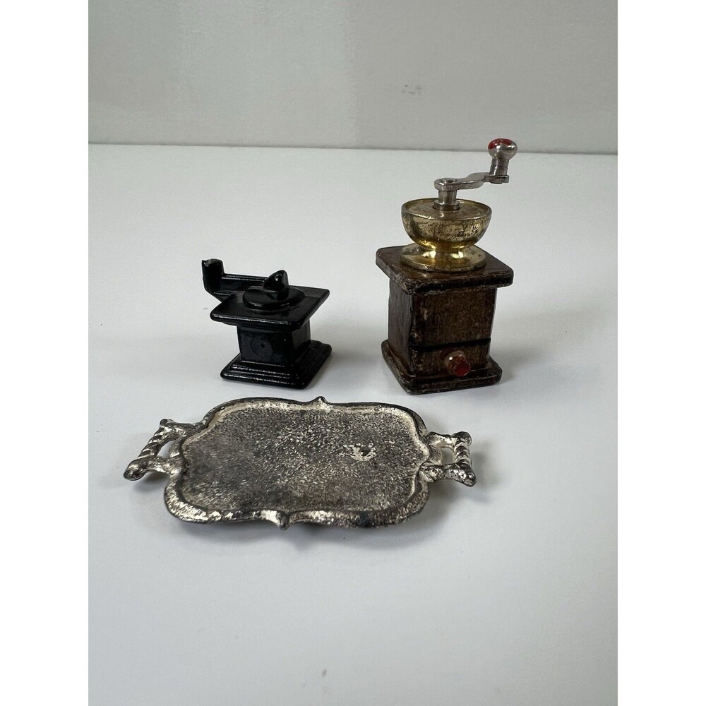 Vintage Set Of 3 Miniature Diorama Replacement Parts Silver Tray Coffee Grinders